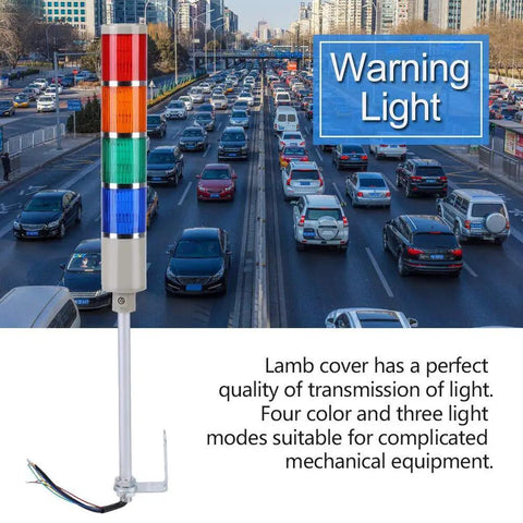 Four Stack Andon Tower Lights Kit For Industrial Machines, Ultra Bright Four Color Signal Lights, shown with traffic background.