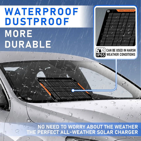12V 10W Solar Car Battery Charger And Maintainer on car windshield in rain, showcasing waterproof and dustproof design.