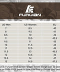 Furian shoe size chart for men and women, US and EU sizes, with company logo and fitting note