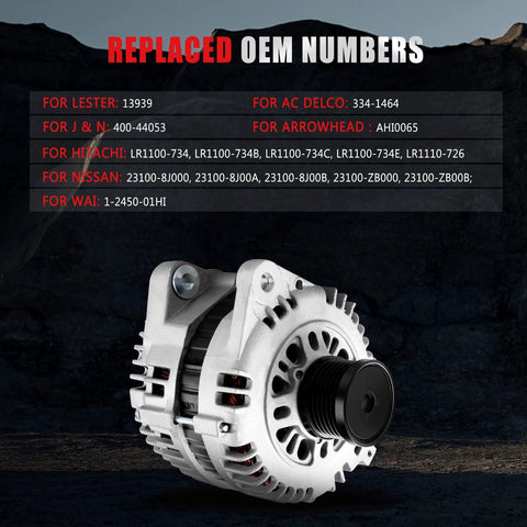 110 Amp 12V High Output Alternator Replacement For 2002 2006 Nissan Altima And Sentra 2.5L Direct Fit CW Rotation 6 Groove Clutch Pulley IR Regulator Premium Quality front view against dark background with replaced OEM numbers listed above.