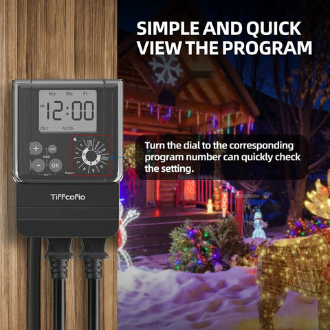 Heavy Duty Digital Outdoor Timer With Waterproof Dial Programming And Two Grounded Outlets On A 2 Ft Extension Cord, showing control display.