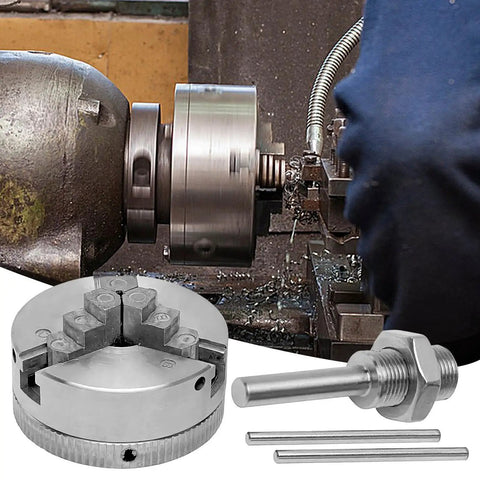 Heavy Duty Scroll Chuck For Wood Lathe And CNC Machines With Three Jaw Self Centering System Pro Grade Beefy Construction For Stable Grip And Precise, Smooth Woodworking And Drilling. 3-jaw metal chuck with key and pin