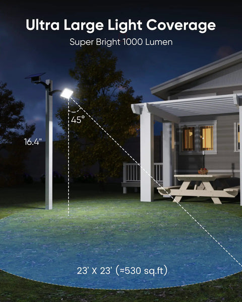 Solar Security Light With Motion Sensor 1000 Lumen 48 LED IP65 Waterproof Outdoor Floodlight illuminating a yard at night