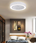 21.6 Inch Ceiling Fan with Light, Remote Control,3-Color Dimmable White LED mounted in a stylish bedroom setting.