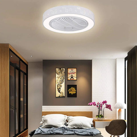 21.6 Inch Ceiling Fan with Light, Remote Control,3-Color Dimmable White LED mounted in a stylish bedroom setting.