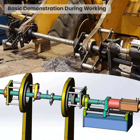 Side view of Yokoma 110V portable line boring machine with long drilling bar and control handle mounted to a loader frame.