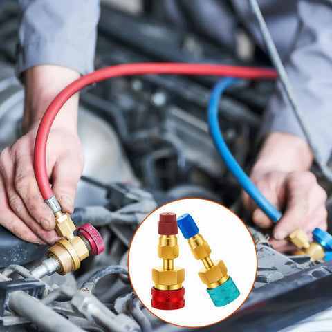 Mechanic using R1234YF To R134A Quick Coupler Kit with blue and red adapters for car air conditioning recharge