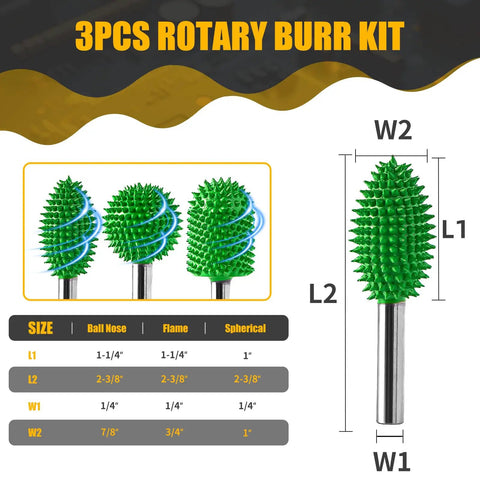 Heavy Duty Tungsten Carbide Rotary Burr Set 1/4 Shank 3 Piece Beefy Ultra Coarse Cut displayed with dimensions and shapes.