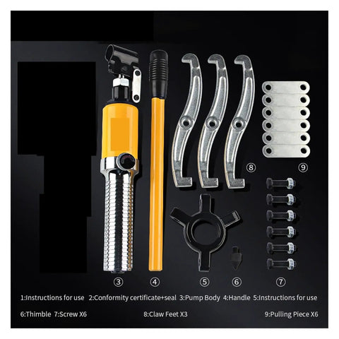 Heavy Duty Hydraulic Gear Puller Plus Wheel Bearing Separator With Adjustable Two Or Three Jaws, tools and accessories laid out.