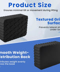 Four Pack Heavy Duty Solid Rubber Auto Lift Pads Anti Slip For Racks Jacks And Car Lifts With 3000 Lb Loading Capacity And Non Slip Textured Surface For SUVs Trucks And Most Cars, showing textured grip and smooth back surface.