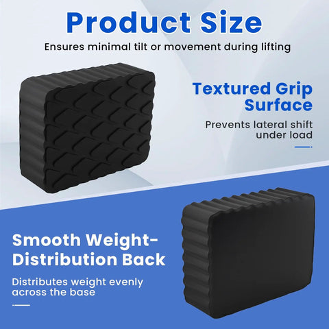 Four Pack Heavy Duty Solid Rubber Auto Lift Pads Anti Slip For Racks Jacks And Car Lifts With 3000 Lb Loading Capacity And Non Slip Textured Surface For SUVs Trucks And Most Cars, showing textured grip and smooth back surface.