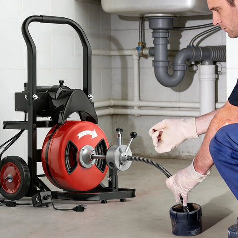 100 Foot Auto Feed Drain Snake With Three Quarter Inch Electric Drain Auger in use near plumbing to clear clogs.