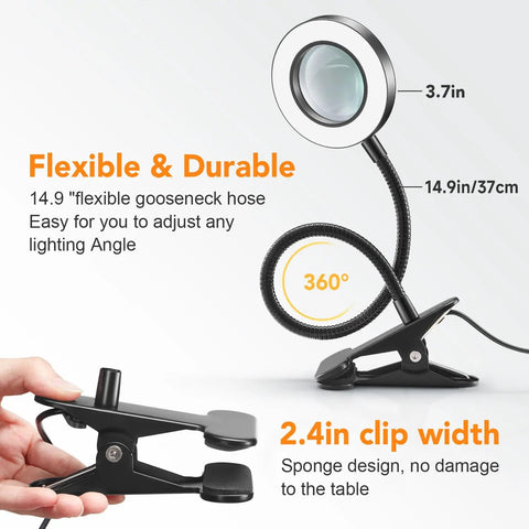 Lighted Magnifying Glass With Clip-On Desk Lamp Adjustable 3 Color Modes and 10 Brightness Levels showing flexible hose and clip