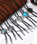 Top Shelf Bolo Tie Set 8 Piece Adjustable Western Leather Neckties With Turquoise Conchos on display, showcasing various styles.