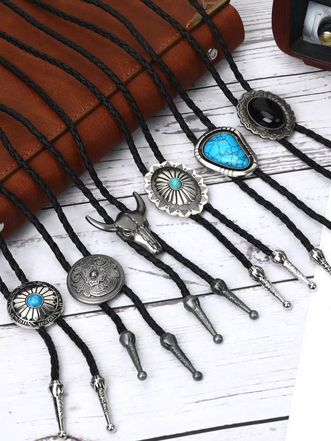 Top Shelf Bolo Tie Set 8 Piece Adjustable Western Leather Neckties With Turquoise Conchos on display, showcasing various styles.