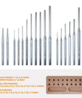 Roll Pin Punch Set With Steel Center Punch And Nail Punch In Beech Block Case, 18-piece tools layout with labeled sizes