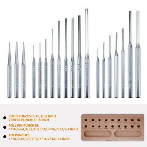 Roll Pin Punch Set With Steel Center Punch And Nail Punch In Beech Block Case, 18-piece tools layout with labeled sizes