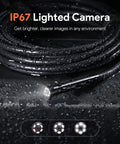Close-up of 50ft Sewer Camera With 1080P HD Triple Lens Borescope in wet conditions, highlighting IP67 waterproof feature.