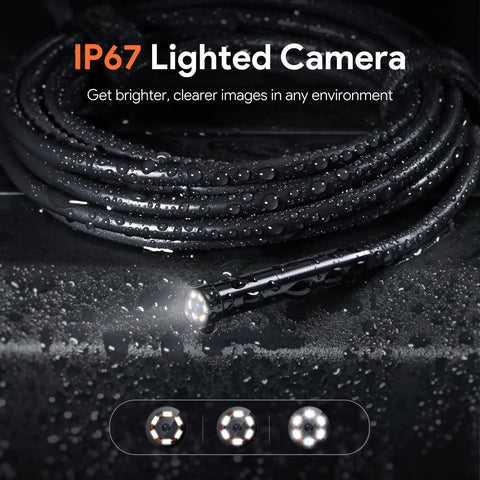 Close-up of 50ft Sewer Camera With 1080P HD Triple Lens Borescope in wet conditions, highlighting IP67 waterproof feature.