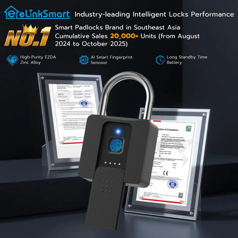 Beefy Biometric Fingerprint Padlock With Bluetooth App Control, zinc alloy body, large shackle, shown with certificates.