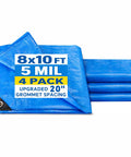 8x10 Ft Tarp Pack Of 4 Ultra Durable 5 Mil Waterproof Poly Tarps With Reinforced Edges And 20 Inch Grommets Multi Purpose Cover