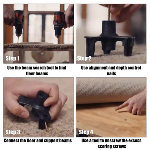 No More Squeaks Floor Repair Kit With 50 Screws For Wood Floors showing DIY steps for stopping noise under carpet