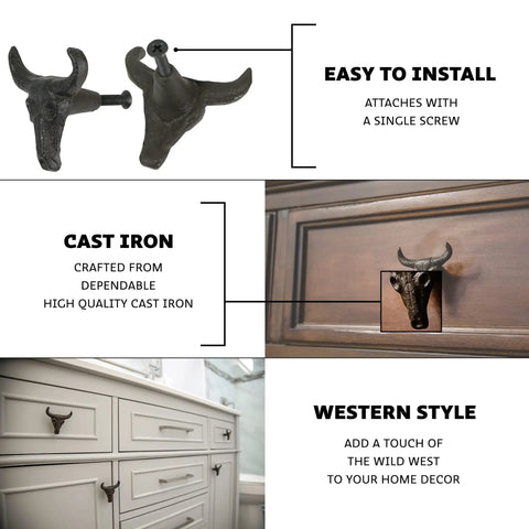 Set Of 6 Steer Skull Drawer Pulls Rustic Brown Cast Iron Cabinet Knobs For Farmhouse Kitchen Drawers Texas Style Home Decor Heavy Duty Furniture Handles With Rock Solid Grip, install detail with screw.