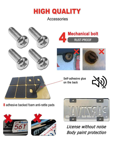 Mountain License Plate Frame Set accessories, showing four rust-proof screws, adhesive pads, and noise reduction sticker.