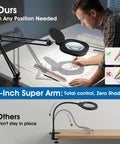 Two In One Magnifying Lamp With Light And Stand For Seniors And Crafts Stepless Color And Brightness Desk Led Clamp Lamp With Extra Long Arm For Hands Free Reading And Detailed Work in use on a desk for drawing and writing, featuring a 27-inch adjustable arm and 5-inch magnifying lens.
