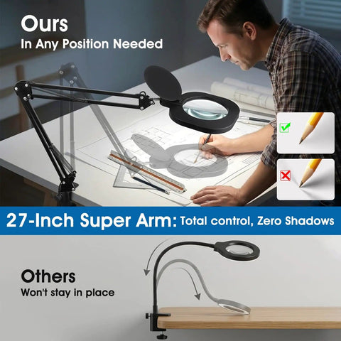 Two In One Magnifying Lamp With Light And Stand For Seniors And Crafts Stepless Color And Brightness Desk Led Clamp Lamp With Extra Long Arm For Hands Free Reading And Detailed Work in use on a desk for drawing and writing, featuring a 27-inch adjustable arm and 5-inch magnifying lens.