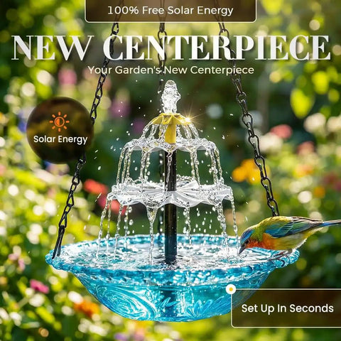 Solar Powered Cascade Hanging Bird Bath Fountain For Outdoors Weatherproof No Fuss Maintenance Garden Decor With Built In Solar Pump To Attract Hummingbirds Durable Blue Outdoor Water Feature.