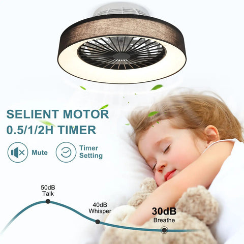 Child sleeping under Remote LED Ceiling Fan With 30W Power, 18 Inch Small Flush Mount, 7 Invisible Blades, Starry Sky Lampshade