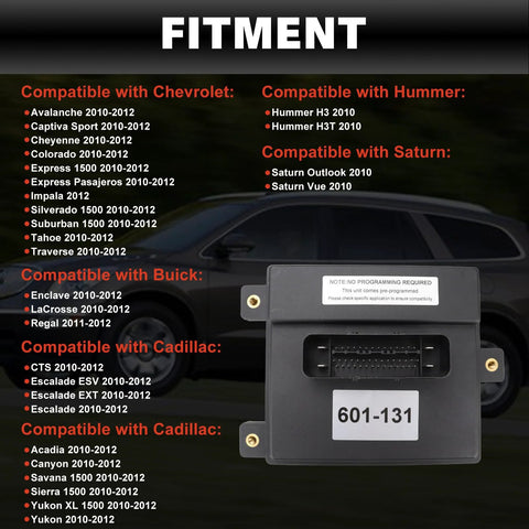 Fuel Pump Driver Module 601-131 Replaces 20877116 For 2010-2012 GM Trucks And SUVs displayed with fitment list