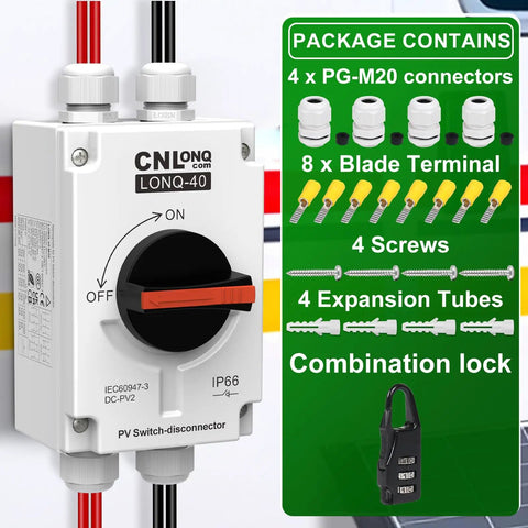 DC Isolator Switch 32A 1500V Four Pole Circuit Breaker for Solar PV Systems RVs and Homes DIN Rail Mount Lockable Safety Isolator