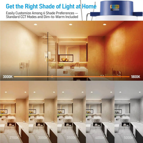 TORCHSTAR 4-Pack 6CCT 6 Inch LED Recessed Lighting Retrofit, Dim to Warm showing different color temperatures in a bathroom setting.