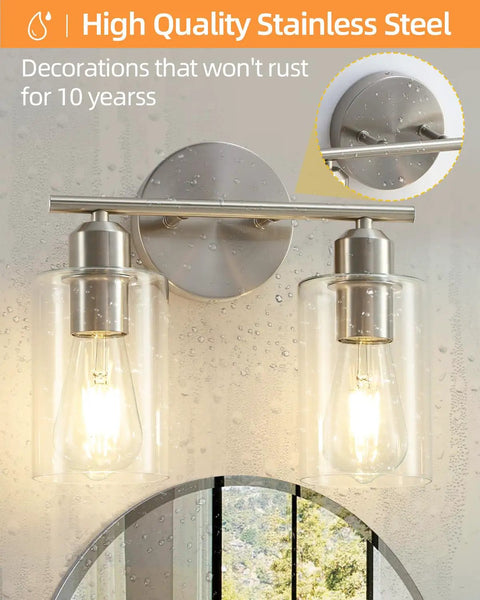 Sleek Two Light Brushed Nickel Vanity Light Fixture Over Mirror With Clear Glass Shades Modern Wall Sconce Bathroom