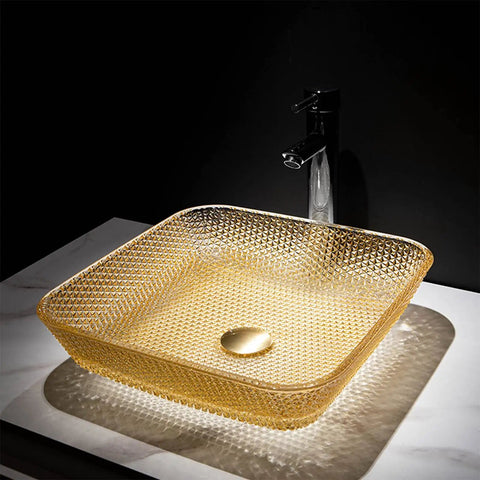 USZWBY Yellow Square Shape Tempered Glass Bathroom Vessel Sink with Waterfall Tap Modern Artistic Vessel Sink with Pop Up Drain, Counter Top Installation on marble surface.