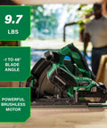 Powerhouse 36V Cordless Track Saw Kit With 6-1/2 Inch Blade on workbench, features and specifications displayed.