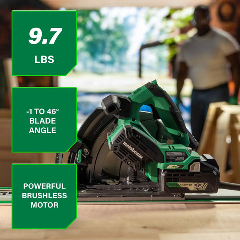 Powerhouse 36V Cordless Track Saw Kit With 6-1/2 Inch Blade on workbench, features and specifications displayed.