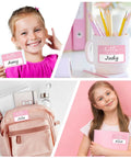 Light Pink Hello My Name Is Stickers Set, 300 Pcs Name Tag Labels On A Roll used by children and on school supplies for organization.