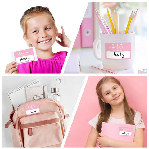 Light Pink Hello My Name Is Stickers Set, 300 Pcs Name Tag Labels On A Roll used by children and on school supplies for organization.
