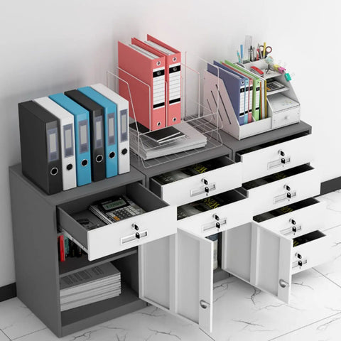 Lockable Metal Filing Cabinet With Adjustable Shelves And Drawers White Home Office Storage Solution with open drawers and files