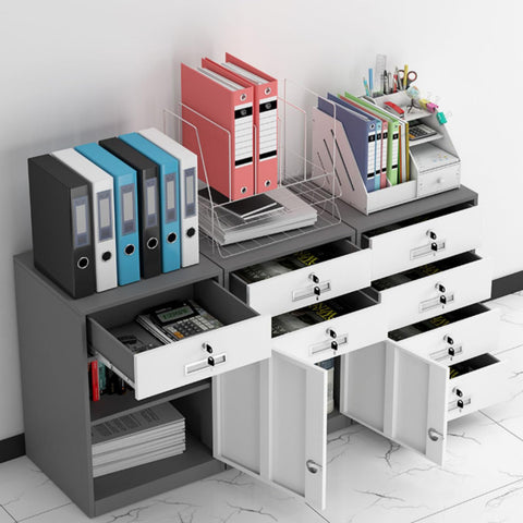 Lockable Metal Filing Cabinet With Adjustable Shelves And Drawers, Home Office Storage Solution in white with open drawers