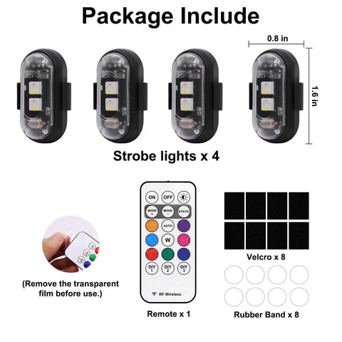 Package includes: 4 Pack Wireless LED Strobe Lights With Remote Control, 8 Velcro, 8 rubber bands, 1 remote, dimensions shown.