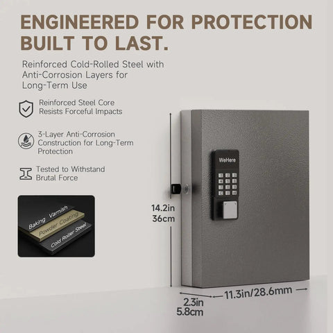 32 Key Lock Box Wall Mount Smart Key Cabinet With One Time Password OTP Offline Access Bluetooth App And Optional WiFi Remote Unlock For Valets Realtors Offices And Hotels Boss Level Security For Property Managers And Hospitality Pros shown with reinforced steel build.