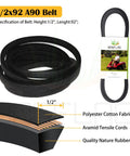 1/2x92 A90 belt with polyester cotton fabric, aramid tensile cords, quality rubber, and rider image. Belt specs height: 1/2 inch.