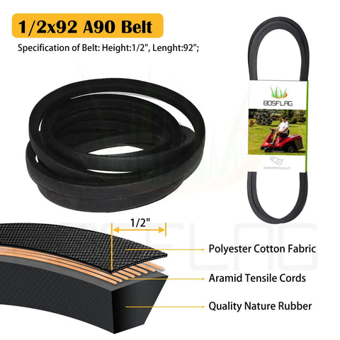1/2x92 A90 belt with polyester cotton fabric, aramid tensile cords, quality rubber, and rider image. Belt specs height: 1/2 inch.