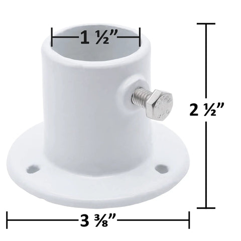 Cast Aluminum Pool Ladder Deck Flange For Above Ground Ladders, Easy Install Replacement Mounting Bracket, Sold Individually, 2.5 Inch Tall, 1.5 Inch Circumference, Heavy Duty Deck Mount. White cast aluminum ladder flange with bolts, 2.5 in tall