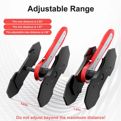 Brake Caliper Compression Tool Kit, two red-handled piston press tools with black mounting plates (front view)