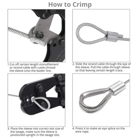 Crimping instructions with 2 In 1 Wire Rope Crimping Tool and Cutter for DIY rigging, includes aluminum sleeves and wire rope thimbles.